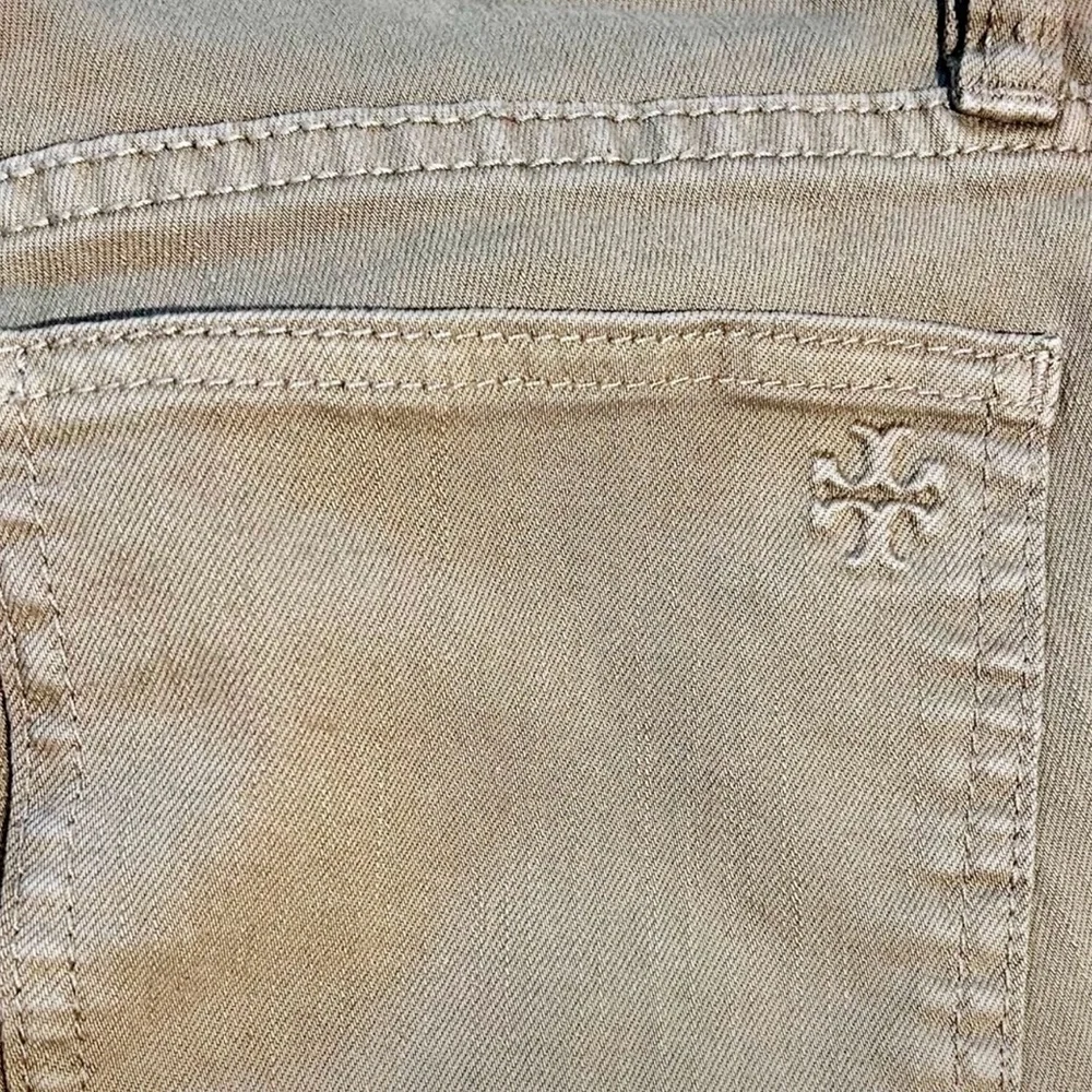 Tory Burch Emmy Beige Slim Ankle Pants Gold Snap Detail Stretch Sz 26💛